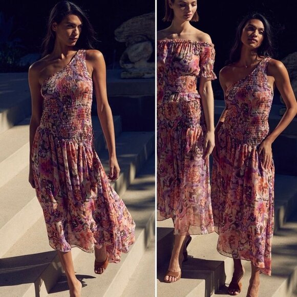 MISA Los Angeles Lydia Smocked One Shoulder Asymmetric Midi Dress NWT S $485 - Picture 4 of 5